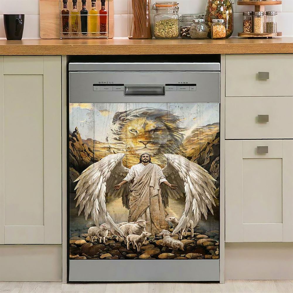 Jesus Lord Wings Lion Of Judah Lambs Of God Dishwasher Cover, Jesus Portrait Dishwasher Stickers, Christian Kitchen Decor