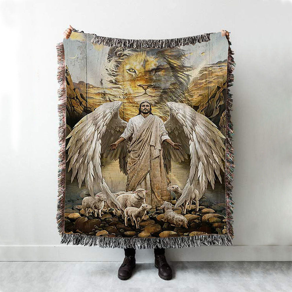 Jesus Lord Wings Lion Of Judah Lambs Of God Throw Blanket Woven Blanket - Jesus Portrait Woven Blanket Prints - Christian Throw Blanket