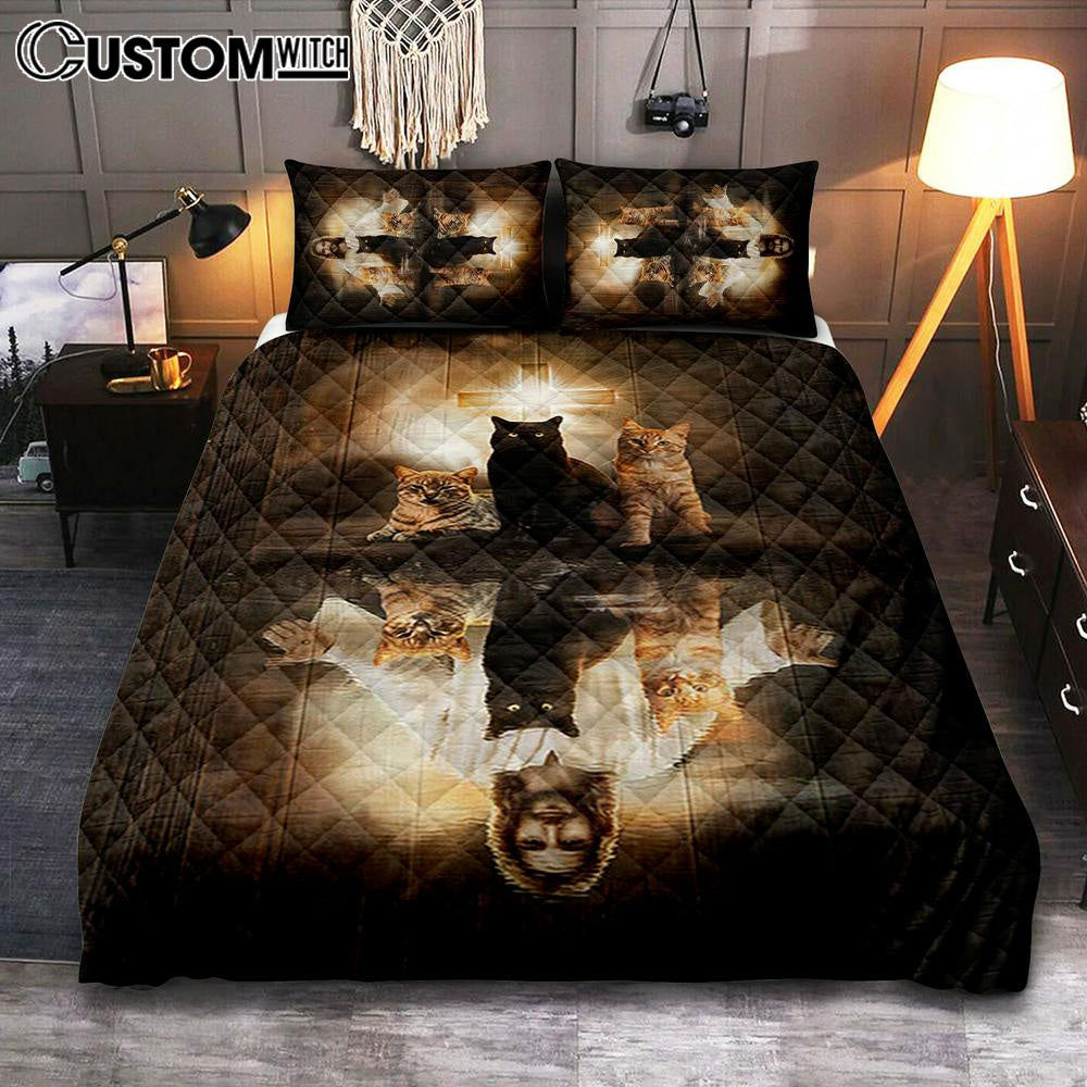 Jesus Lovely Cat Light Cross Bedroom Quilt Bedding Set - Jesus Portrait Quilt Bedding Set Prints - Christian Bedroom