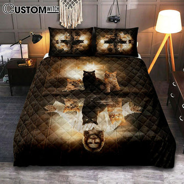 Jesus Lovely Cat Light Cross Bedroom Quilt Bedding Set - Jesus Portrait Quilt Bedding Set Prints - Christian Bedroom