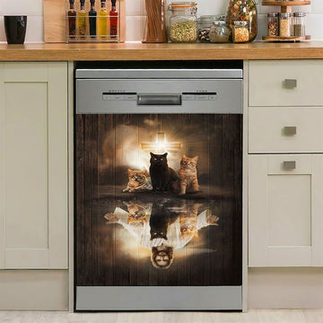 Jesus Lovely Cat Light Cross Dishwasher Cover, Jesus Portrait Dishwasher Stickers, Christian Kitchen Decor