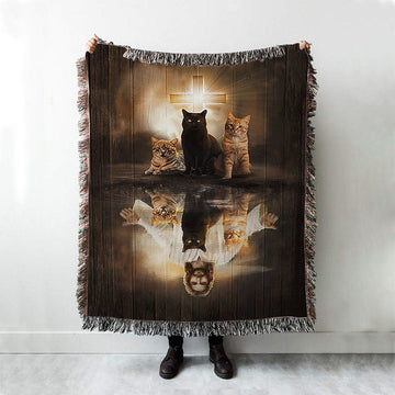 Jesus Lovely Cat Light Cross Throw Blanket Woven Blanket - Jesus Portrait Woven Blanket Prints - Christian Throw Blanket