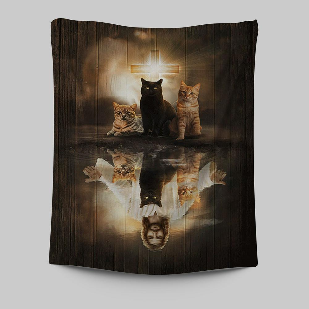 Jesus Lovely Cat Light Cross Wall Art Tapestry - Jesus Portrait Tapestry Prints - Christian Wall Art