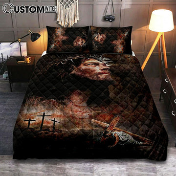 Jesus On The Cross Crown Of Thorn Quilt Bedding Set - Life Of Jesus Bedroom Quilt Bedding Set - Jesus Portrait Quilt Bedding Set Prints - Christian Bedroom