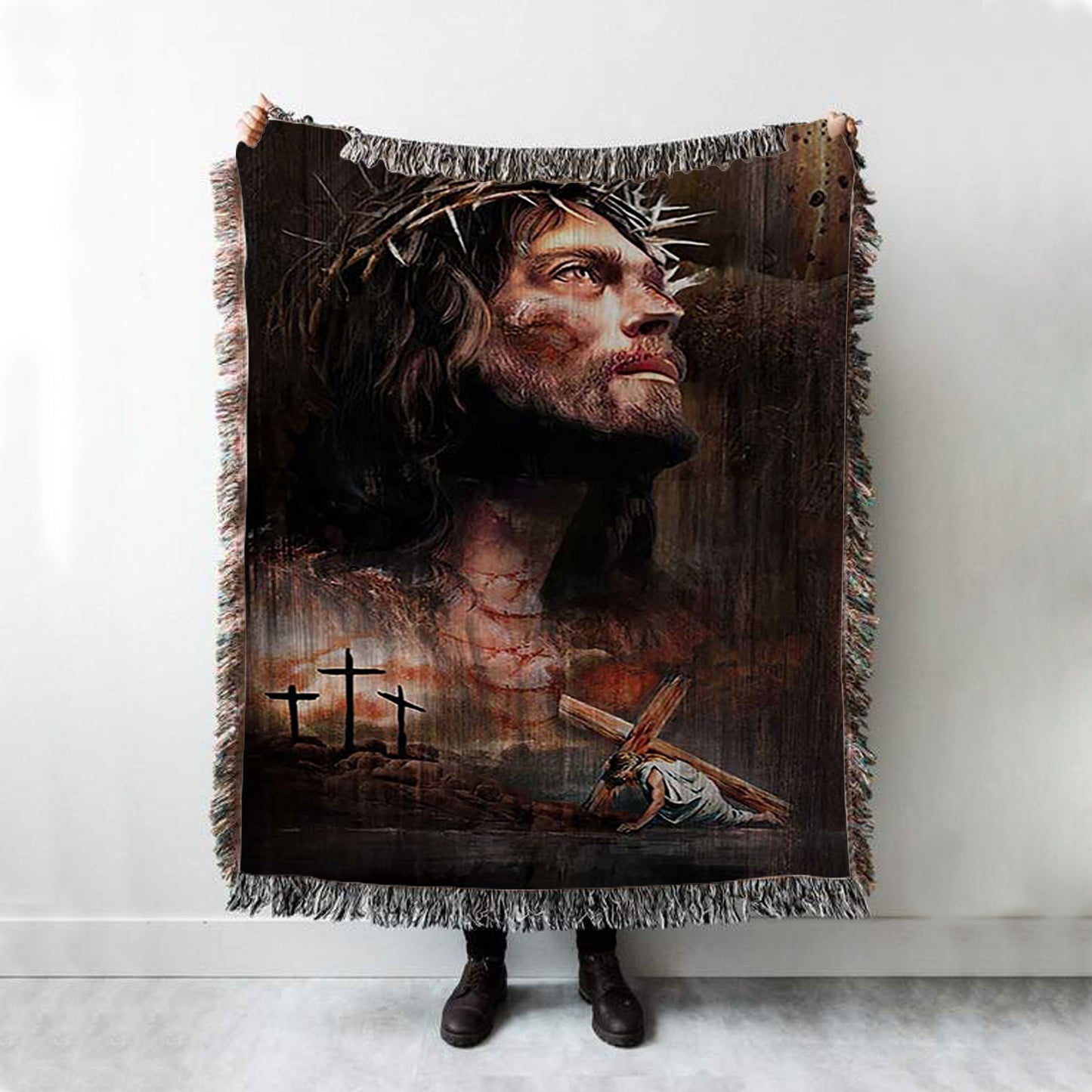 Jesus On The Cross Crown Of Thorn Woven Blanket - Life Of Jesus Boho Blanket - Jesus Portrait Woven Blanket Prints - Christian Throw Blanket