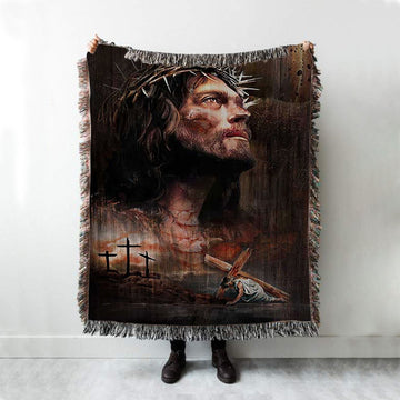 Jesus On The Cross Crown Of Thorn Woven Blanket - Life Of Jesus Boho Blanket - Jesus Portrait Woven Blanket Prints - Christian Throw Blanket