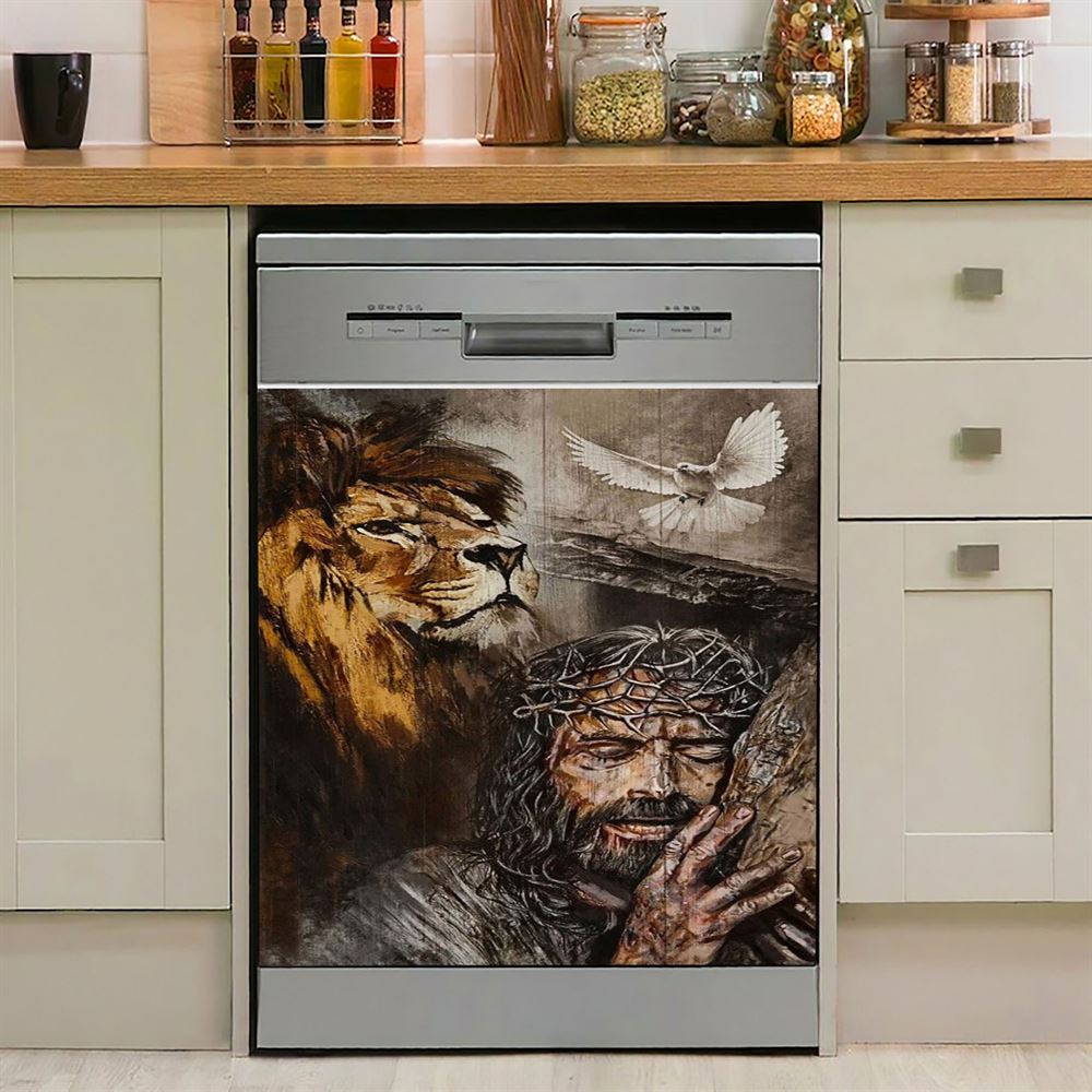 Jesus On The Cross Lion Amazing Dove Dishwasher Cover, Jesus Christ Dishwasher Stickers, Christian Kitchen Decor