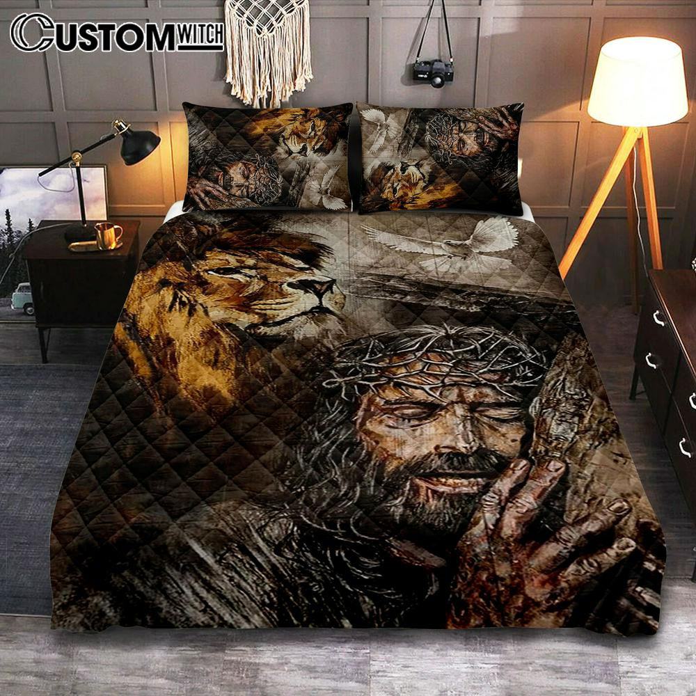 Jesus On The Cross Lion Amazing Dove Quilt Bedding Set Prints - Jesus Christ Quilt Bedding Set Art - Christian Cover Twin Bedding Decor