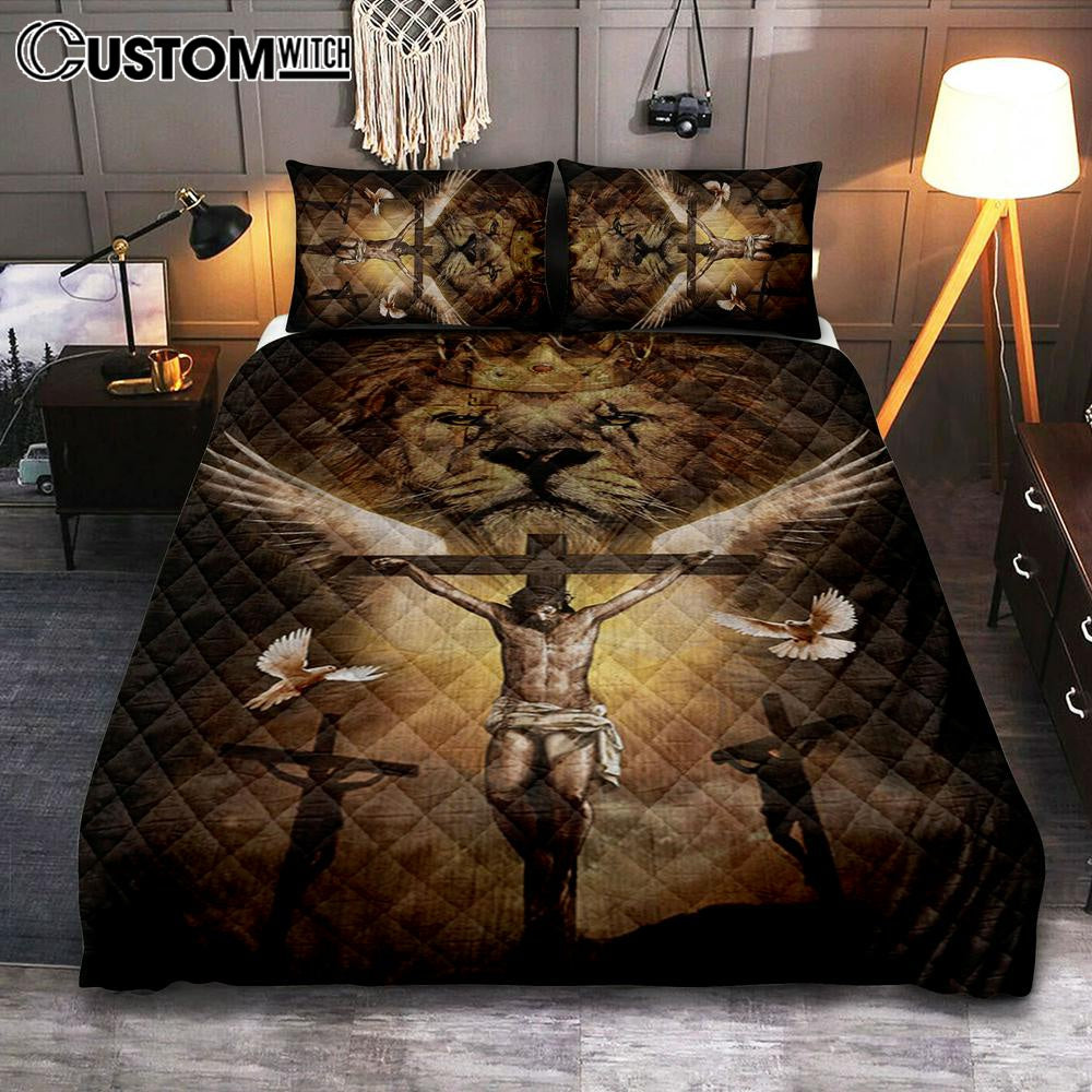Jesus On The Cross Lion Quilt Bedding Set Prints - Jesus Christ Quilt Bedding Set Art - Christian Cover Twin Bedding Decor
