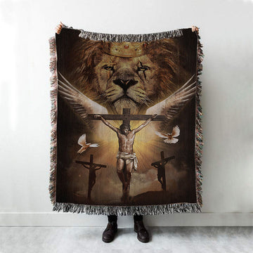 Jesus On The Cross Lion Woven Blanket Prints - Jesus Christ Woven Blanket Art - Christian Boho Blanket