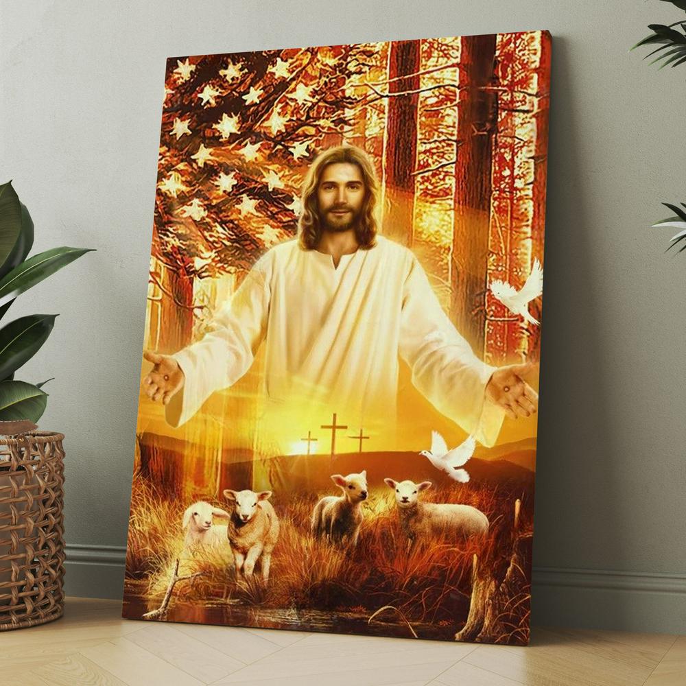 Jesus Painting, American Flag, Lambs Of God, Into The Arms Of Jesus Canvas, Christmas Gift for Christian