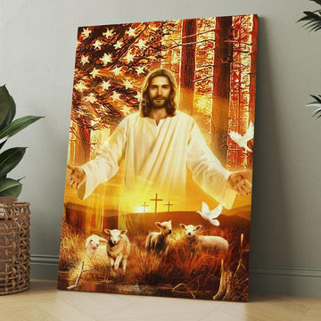 Jesus Painting, American Flag, Lambs Of God, Into The Arms Of Jesus Canvas, Christmas Gift for Christian