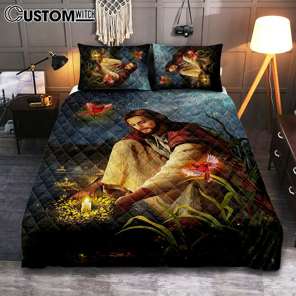 Jesus Painting Red Cardinal Advent Candles Bedroom Quilt Bedding Set - Jesus Portrait Quilt Bedding Set Prints - Christian Bedroom