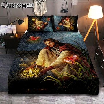 Jesus Painting Red Cardinal Advent Candles Bedroom Quilt Bedding Set - Jesus Portrait Quilt Bedding Set Prints - Christian Bedroom