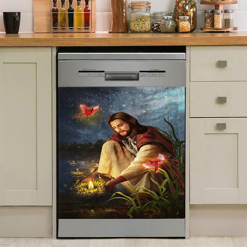 Jesus Painting Red Cardinal Advent Candles Dishwasher Cover, Jesus Portrait Dishwasher Stickers, Christian Kitchen Decor