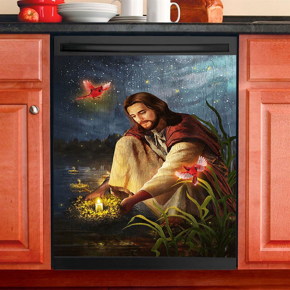 Jesus Painting Red Cardinal Advent Candles Dishwasher Cover, Jesus Portrait Dishwasher Stickers, Christian Kitchen Decor