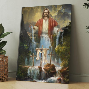 Jesus Painting Waterfall Beautiful Forest Canvas, Christmas Gift for Christian