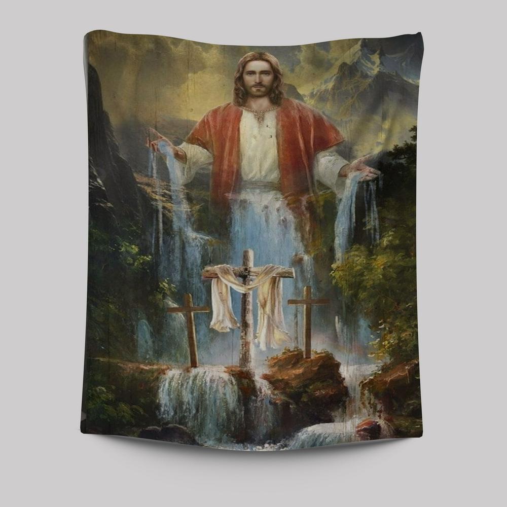 Jesus Painting Waterfall Beautiful Forest Tapestry