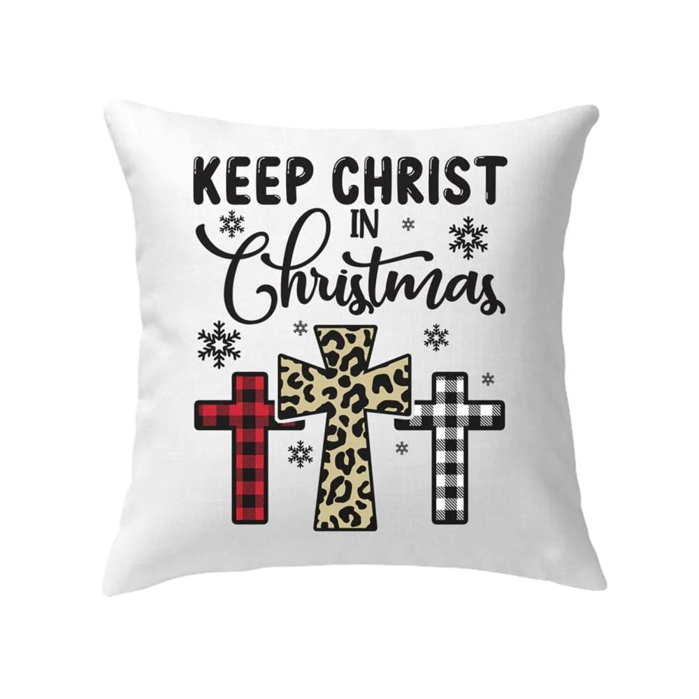 Jesus Pillow, Christian, Snowflakes, Three Crosses, Buffalo Plaid Leopard Pillow, Keep Christ in Christmas Pillow, Christmas Throw Pillow