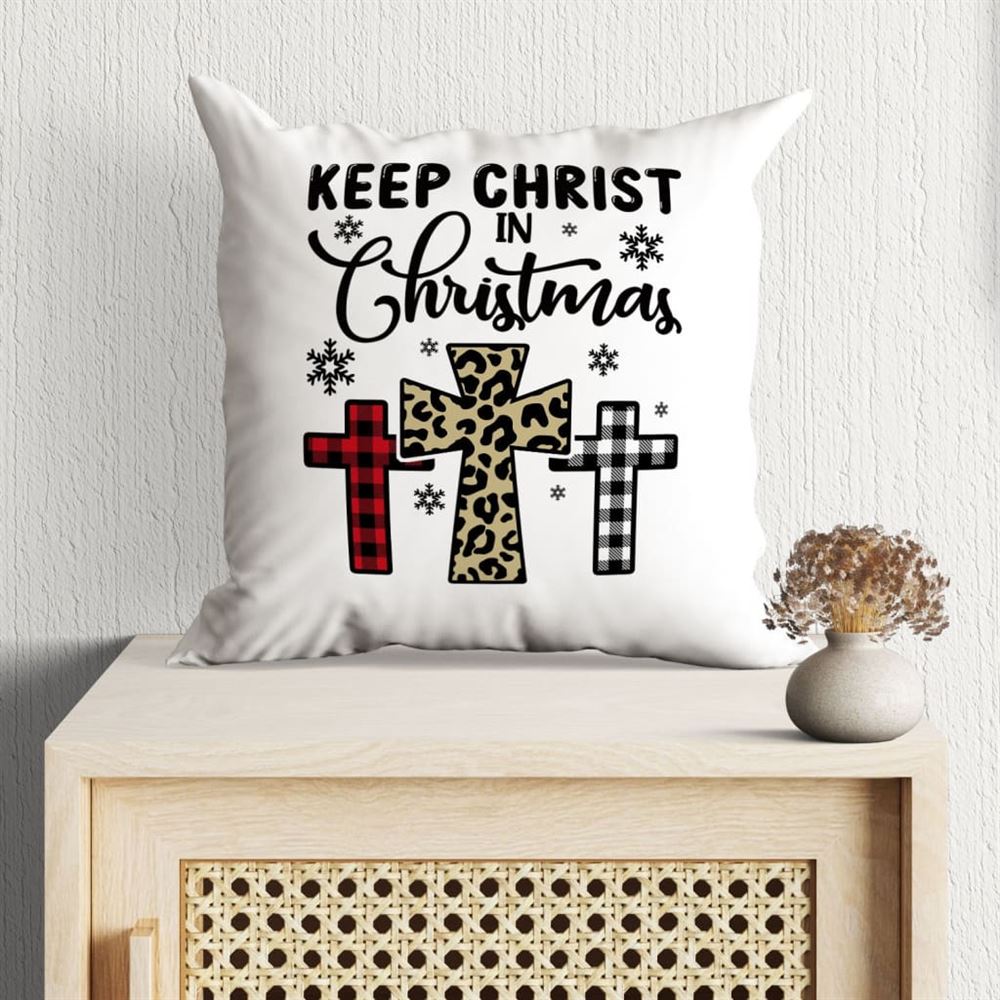 Jesus Pillow, Christian, Snowflakes, Three Crosses, Buffalo Plaid Leopard Pillow, Keep Christ in Christmas Pillow, Christmas Throw Pillow