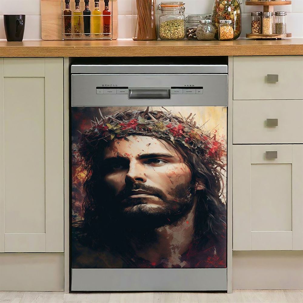 Jesus Portrait Dishwasher Cover, Jesus Dishwasher Wrap, Christian Kitchen Decoration 2
