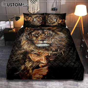 Jesus Pray Crown Of Thorn Lion Bedroom Quilt Bedding Set - Jesus Portrait Quilt Bedding Set Prints - Christian Bedroom