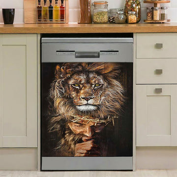 Jesus Pray Crown Of Thorn Lion Dishwasher Cover, Jesus Portrait Dishwasher Wrap, Christian Kitchen Decoration
