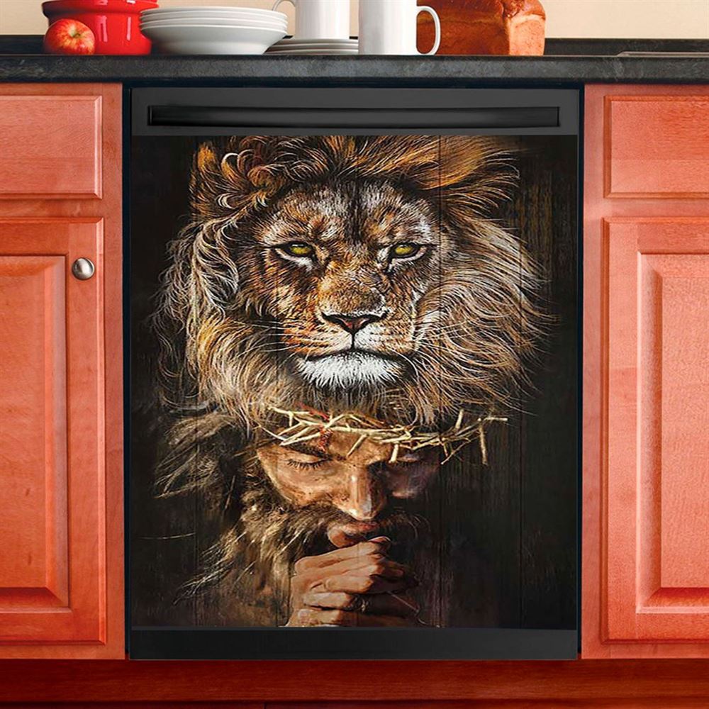 Jesus Pray Crown Of Thorn Lion Dishwasher Cover, Jesus Portrait Dishwasher Wrap, Christian Kitchen Decoration