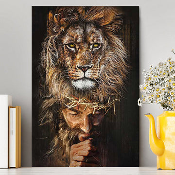 Jesus Pray Crown Of Thorn Lion Wall Art Canvas - Jesus Portrait Canvas Prints - Christian Wall Art