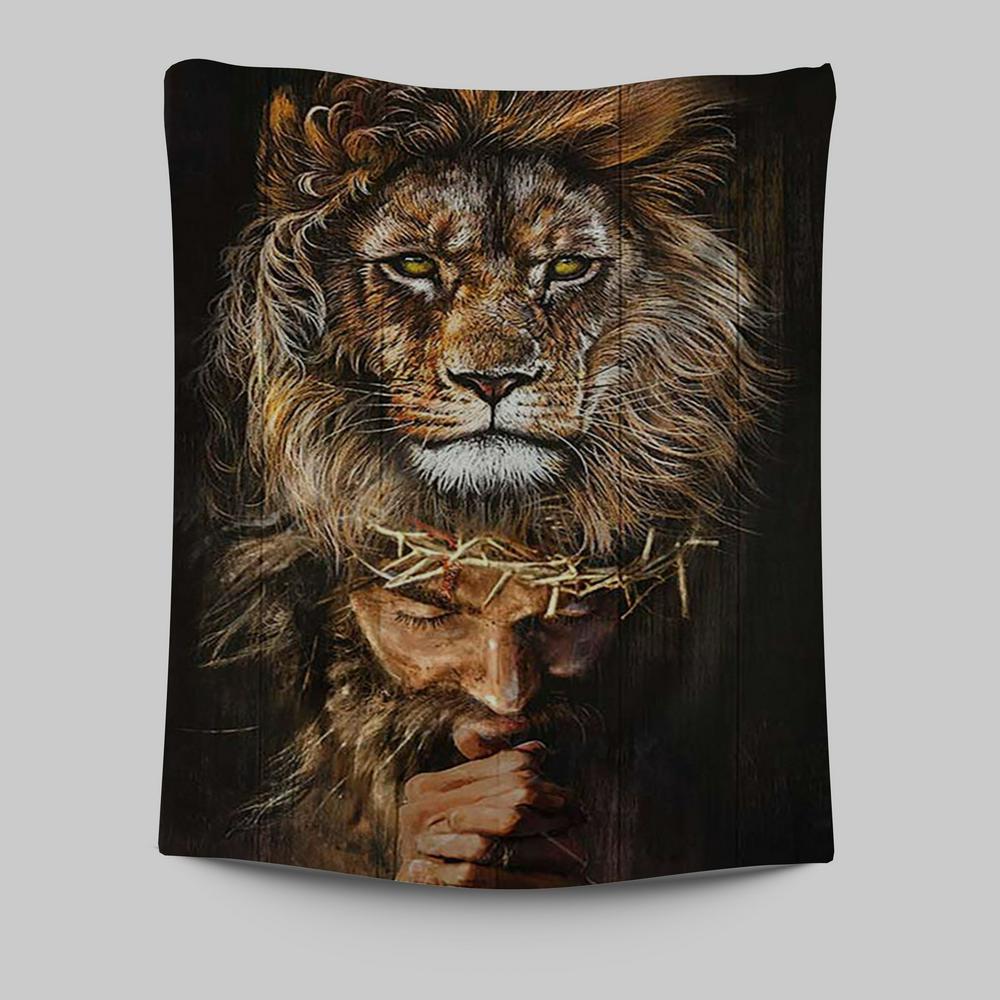 Jesus Pray Crown Of Thorn Lion Wall Art Tapestry - Jesus Portrait Tapestry Prints - Christian Wall Art