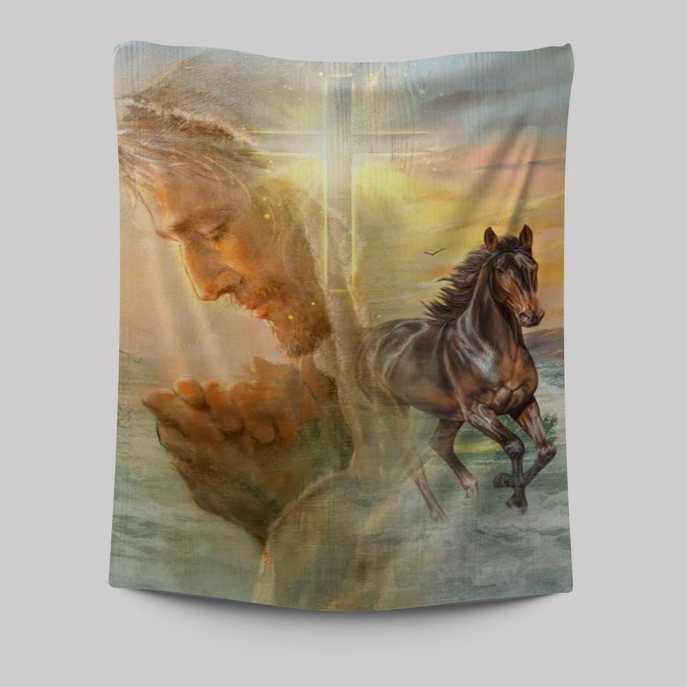Jesus Pray For Healing Horse Cross Symbol Tapestry