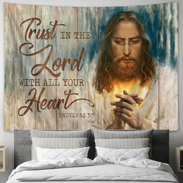 Jesus Pray Trust in the Lord with all your heart Tapestry Wall Art - Bible Verse Tapestry - Religious Tapestry Wall Hanging