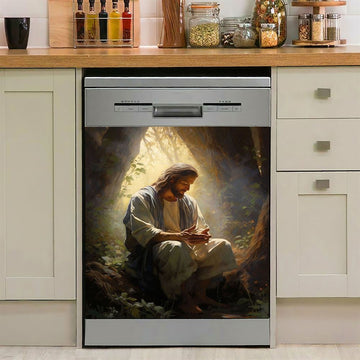 Jesus Praying And Lion Dishwasher Cover, Jesus Portrait Dishwasher Wrap, Christian Kitchen Decoration