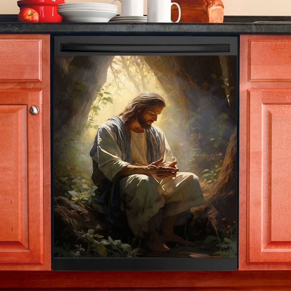 Jesus Praying And Lion Dishwasher Cover, Jesus Portrait Dishwasher Wrap, Christian Kitchen Decoration