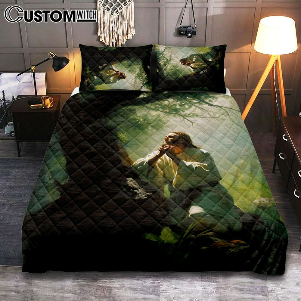 Jesus Praying In The Garden Painting Quilt Bedding Set Prints - Jesus Quilt Bedding Set Art - Christian Bedroom Decor