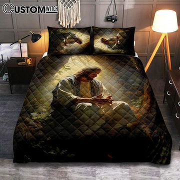 Jesus Praying In The Garden Quilt Bedding Set Prints - Jesus Quilt Bedding Set Art - Christian Bedroom Decor