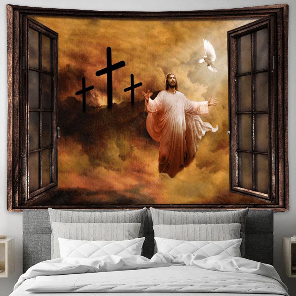 Jesus Praying The Rugged Cross Heaven&#39;s Light Large Tapestry - Christian Tapestry Prints - Religious Tapestry Art