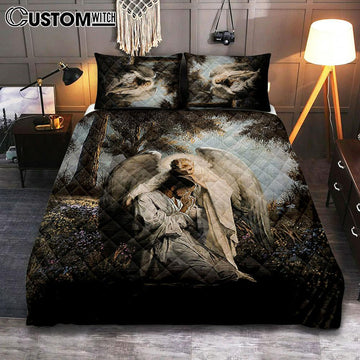 Jesus Praying With Angel Quilt Bedding Set - Christian Bedroom - Religious Home Decor