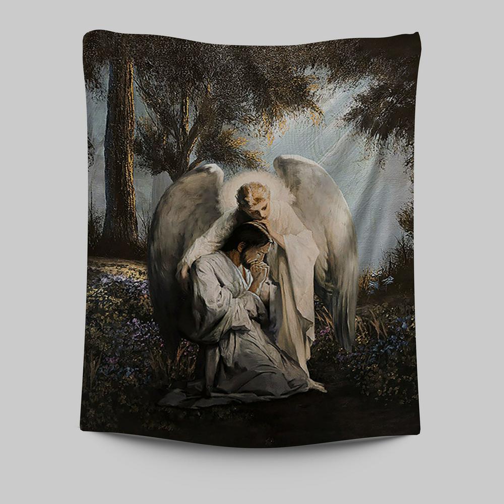 Jesus Praying With Angel Tapestry - Christian Wall Art - Religious Home Decor