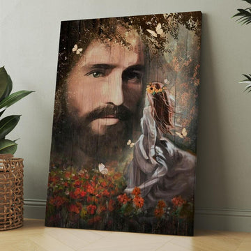 Jesus, Pretty Girl, Red Flower Garden, Flower Wreath Canvas, Christmas Gift for Christian