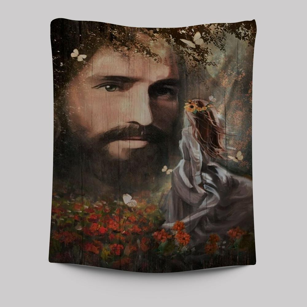 Jesus, Pretty Girl, Red Flower Garden, Flower Wreath Tapestry