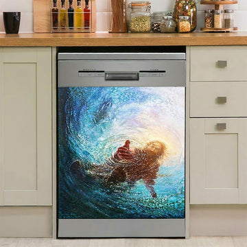 Jesus Reaching In The Water Jesus Lion Dishwasher Cover, Bible Verse Dishwasher Wrap, Scripture Kitchen Decoration