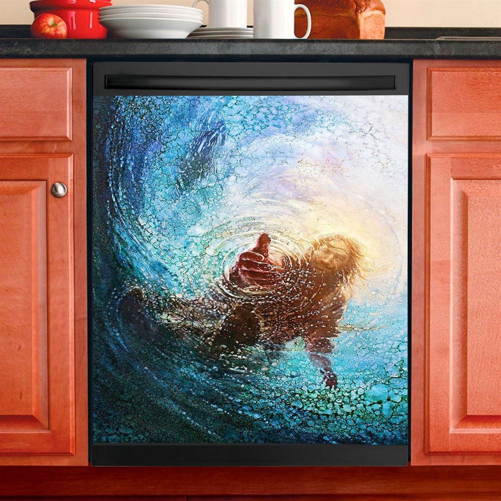 Jesus Reaching In The Water Jesus Lion Dishwasher Cover, Bible Verse Dishwasher Wrap, Scripture Kitchen Decoration