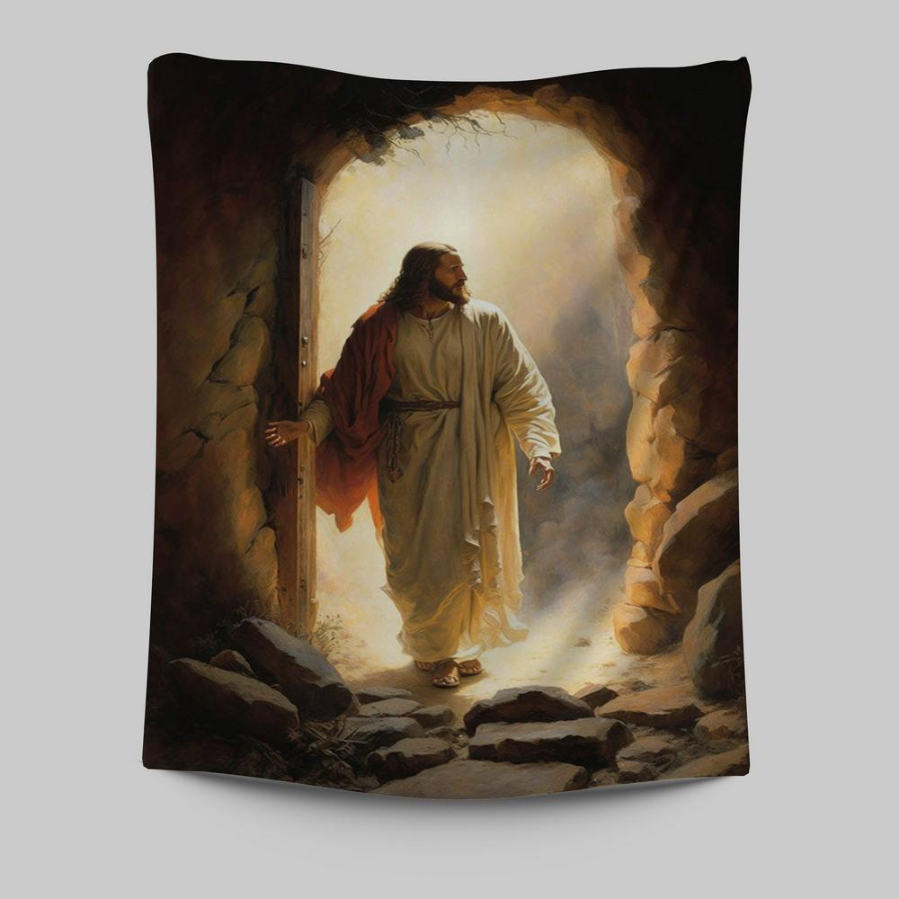 Jesus Rises From Cave Tapestry Prints - Religious Tapestries Wall Hanging Art - Christian Wall Decor