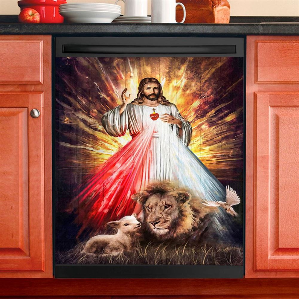 Jesus Running After A Lost Lamb, Jesus Lamb Of God Dishwasher Cover,Christian Dishwasher Wrap