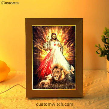 Jesus Sacred Heart Lion Lamb Frame Lamp Prints - Lion Frame Lamp Art - Christian Inspirational Frame Lamp