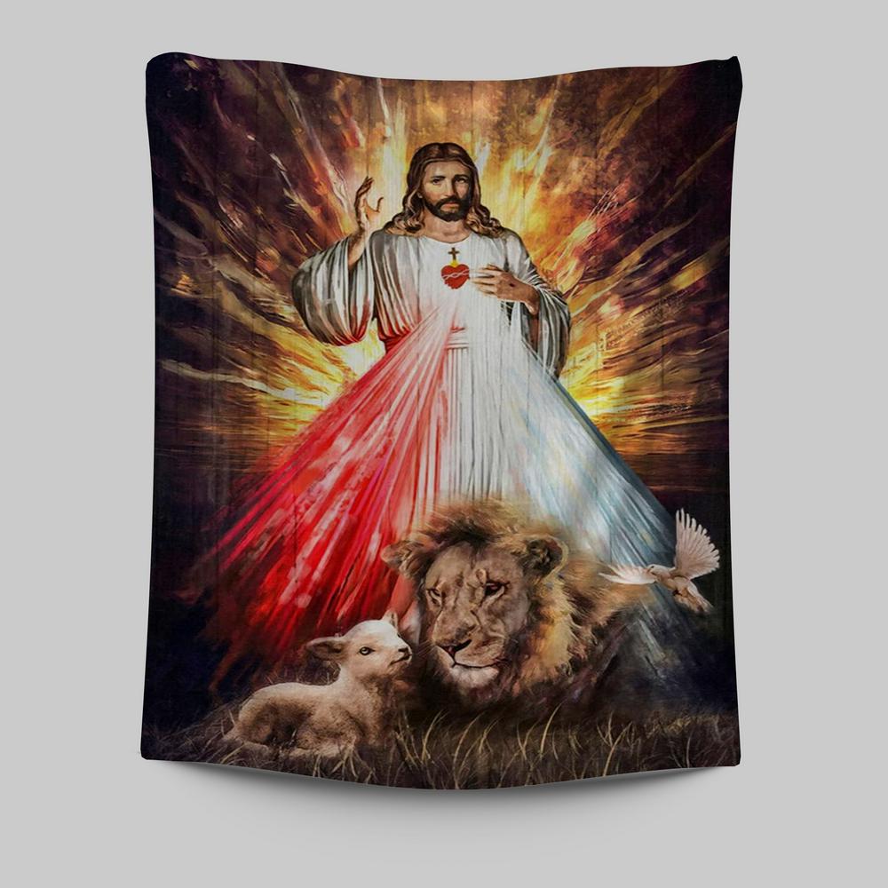 Jesus Sacred Heart Lion Lamb Tapestry Prints - Lion Tapestry Art - Christian Inspirational Tapestry