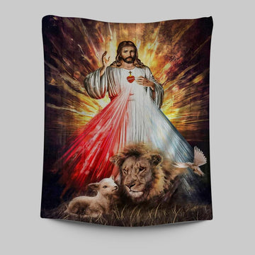 Jesus Sacred Heart Lion Lamb Tapestry Prints - Lion Tapestry Art - Christian Inspirational Tapestry