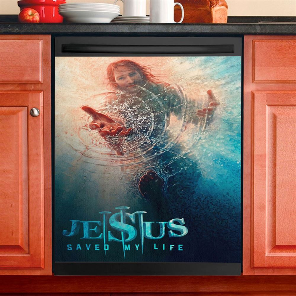 Jesus Saved My Life Dishwasher Cover, Cross Crown Of Thorns White Lily White Dove Dishwasher Wrap, Jesus Christ Kitchen Decoration