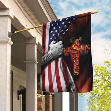 Jesus Saves American US House Flags, Christian Flag, Scripture Flag, Garden Banner